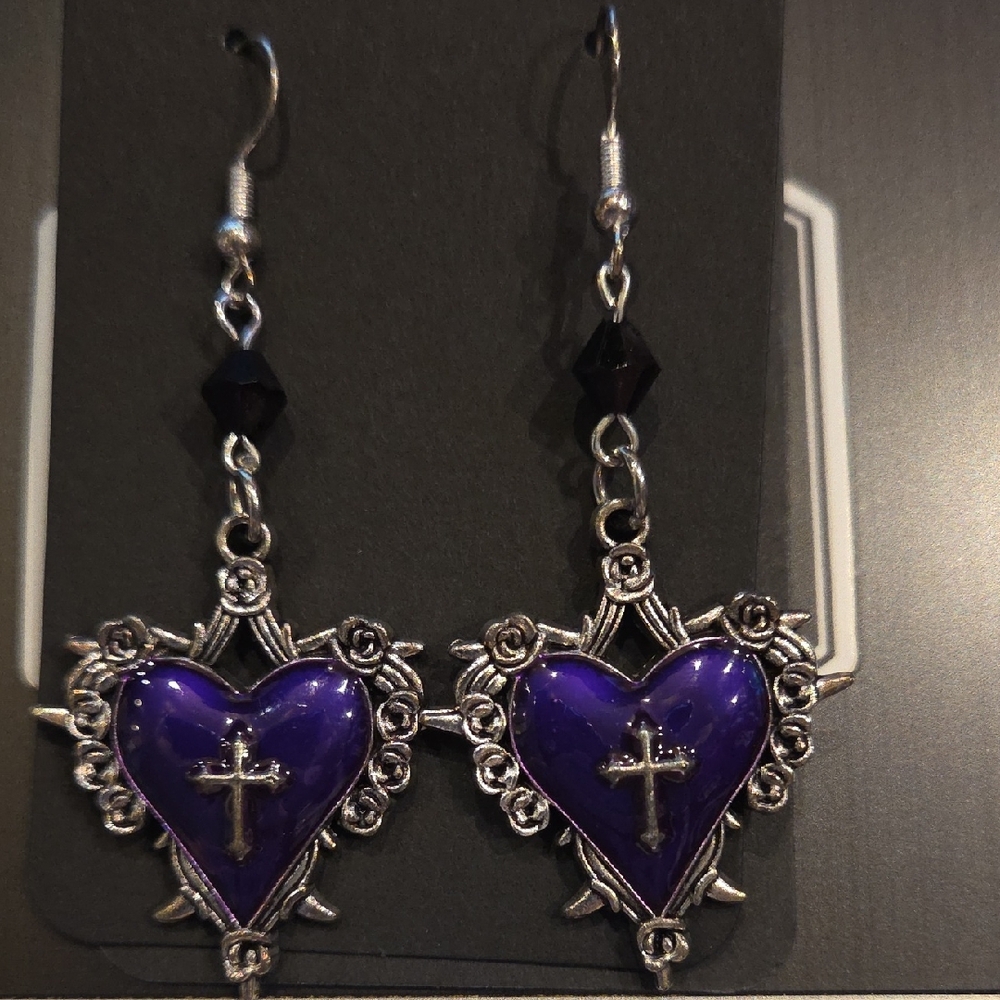 Purple Heart Cross Earrings